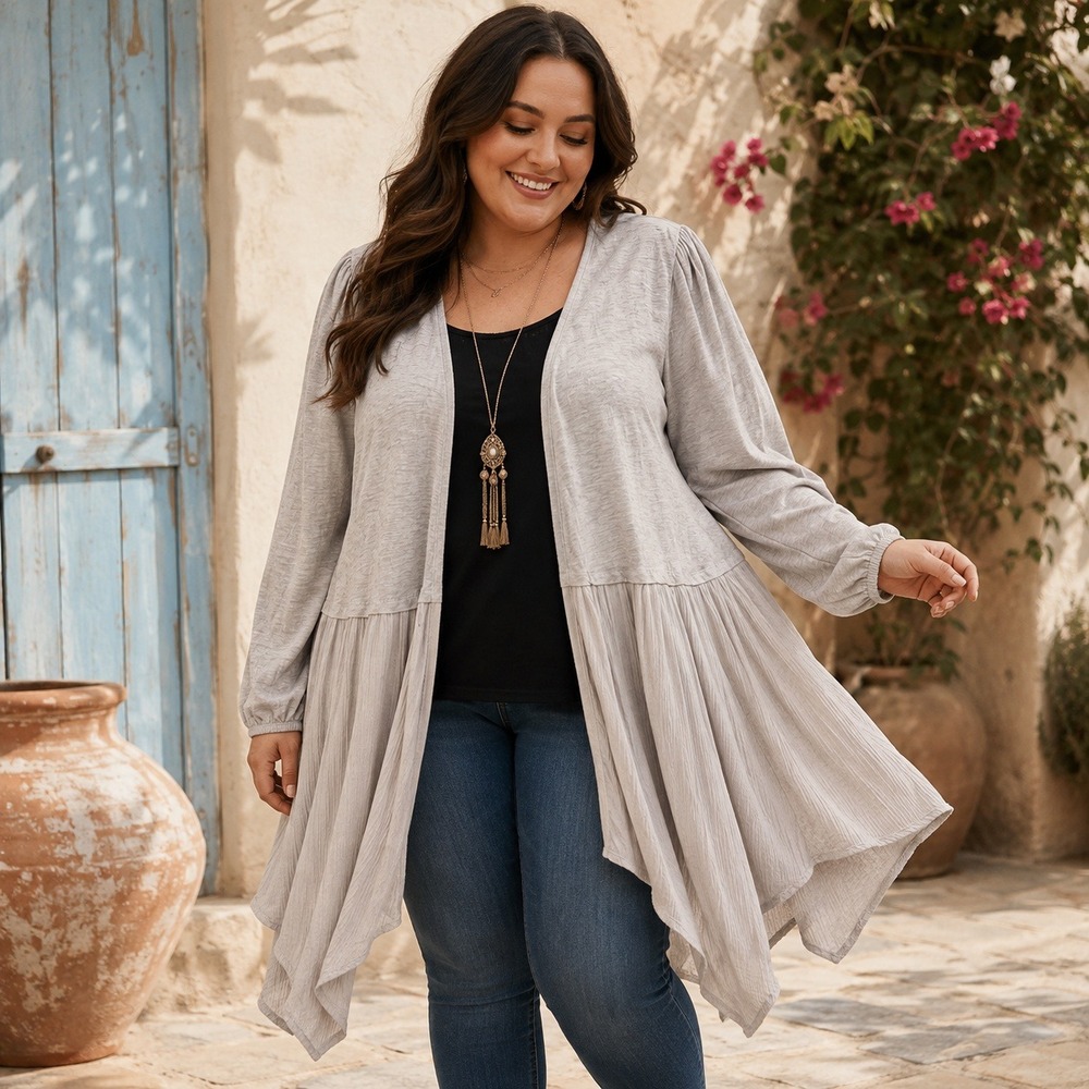 Torrid Womens Hanky‎ Hem Kimono Plus Size 3X Light Gray Boho Lagenlook Office